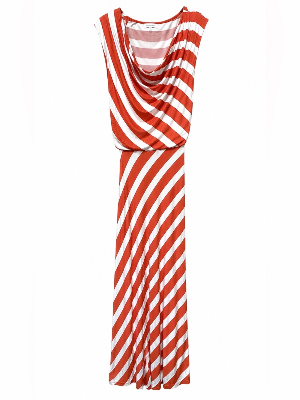 Calvin Klein Orange White Striped Maxi Dress Drape Neck Large